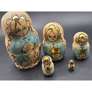 5 Matryoshka Nesting Dolls Hand Painted Blue Gold Tan Burned 3.75” Set Russia